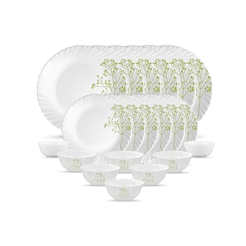 Image of La Opala Novo Collection Opal Glass Crockery | for Family of 6 | Dinner Set 20 pcs Blissful Green | Plates & Bowls for Dining | Microwave Safe | 100% Vegetarian | Extra Strong | Light & White