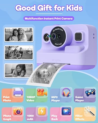 Image of Camera Instant Print, 1080P Kids Digital Camera with Printer Paper, Christmas Birthday Gift for Girls (Purple)