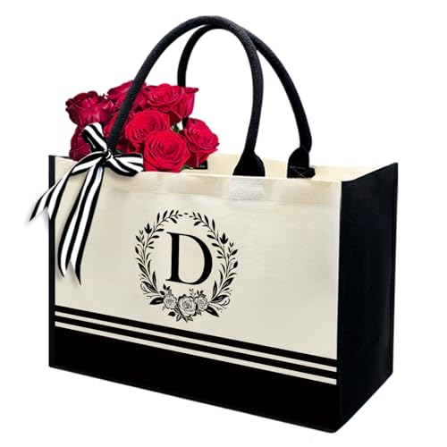 Image of Personalized Initial Canvas Tote Bags, Monogrammed Tote Bag Gifts for Women Teacher Friend for Birthday Wedding