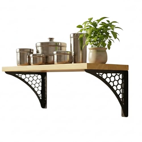 Image of Wall Shelf with Wooden Top Black|White Iron Brackets Storage Rack|Industrial Wall-Mounted Floating Shelf for Living Room,Kitchen,Bathroom (Black Hexagon Small)