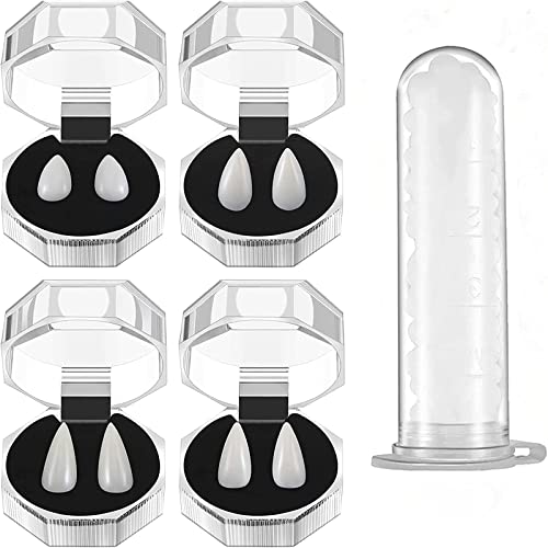 liyingfu 4 Pares de Vampiro Dientes Falsos de Horror ,Dientes de Disfraz con 1 Tubo de Adhesivo de Pellets de Dientes para Fiesta de Disfraz Apoyo Dientes de Fiesta de Halloween Cover
