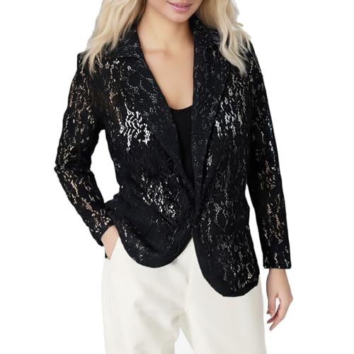 Duohropke Cárdigan Bolero para mujer, chaqueta de traje, chaqueta de encaje transparente, elegante blazer para el tiempo libre, chaqueta de verano, chaqueta ligera con frente abierto, blusa, blazer de
