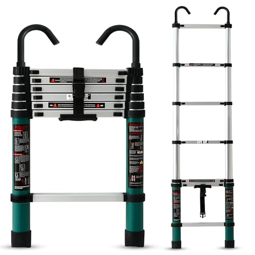 Image of Plantex 2m (6.5 ft.) Aluminium Telescopic Ladder /7-Steps Portable Ladder with Removable Hooks /Foldable Multipurpose Collapsible Ladder for Home & Outdoor Use /2 Years of Warranty - (Green)