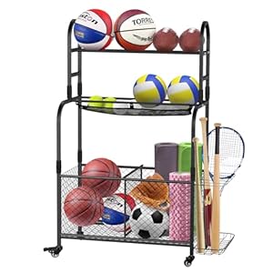 Sports Equipment Organizer Ball Storage Rack with Full Metal Bottom Basket, Ball Rack for Basketball, Soccer, Tennis, Durable Indoor and Outdoor Ball Rack for Home, Garage, Gym
