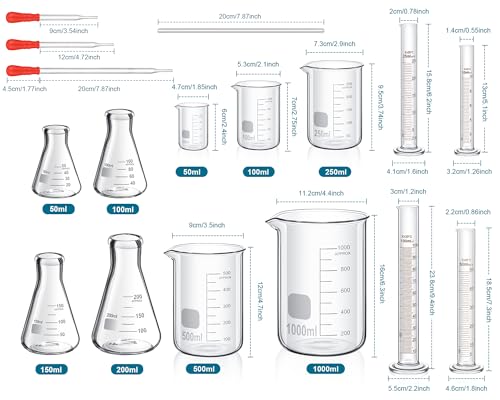 Frienda 50/100/250/500/1000ml Lab Glassware Include Graduated Cylinder, Glass Beaker Set, Glass Dropper, Stirring Rod, Measuring Cups for Laboratory Science Chemistry Supplies (20 Pcs)