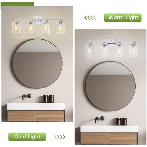Image of 4 Light Bathroom Vanity Light - Chrome Bathroom Light Fixtures Square Design & UL Certification, 26 inch Square Bath Room Lights Over Mirror, Vanity Lighting Fixtures for Living Room & Bedroom