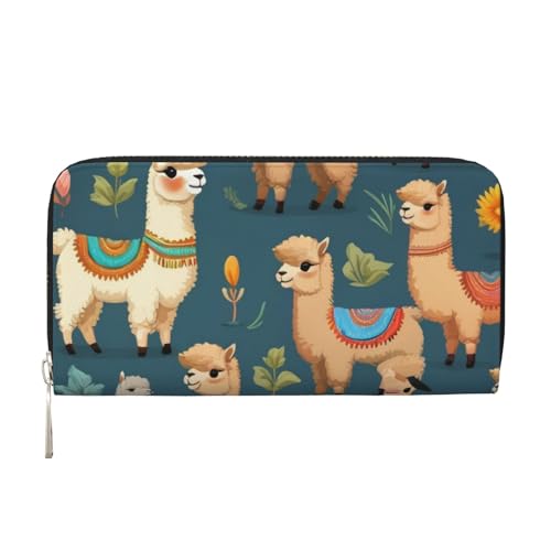 Indian Alpaca print Leather Wallet for Women Men,Women's Leather Clutch Wallet with Zip,Large Capacity