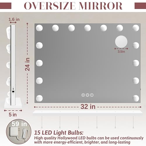 32"x24" Hollywood Vanity Mirror with Lights, 18 Dimmable LED Bulbs, 3 Color Modes, 10X Magnification, USB Charging Port, Tabletop or Wall-Mounted