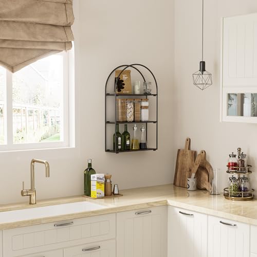 Crofy-Black-Arched-Frame-Wall-Shelf-Decorative-3-Tier-Bathroom-Wall-Shelf-with-Walnut-Finish-Shelves-and-Robust-Storage-Capacity-6-D-x-179-W-x-2857-H Crofy Black Arched Frame Wall Shelf Decorative 3 Tier Bathroom Wall Shelf with Walnut Finish Shelves and Robust Storage Capacity 6 D x 179 W x 2857 H