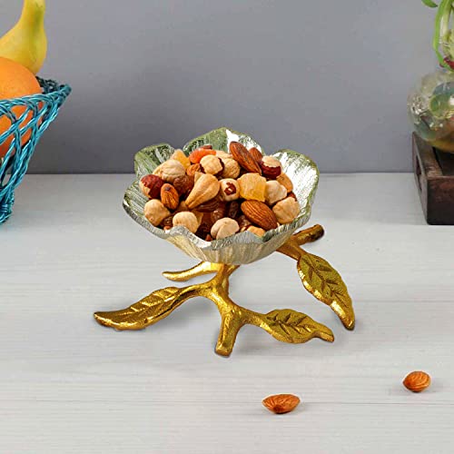 Image of Elegant German Silver Flower Bowl With Gold Leaf Stand - Premium Mixed Nuts, Candy & Dried Fruits Gift Set For Festive Snacking ,?0.2 L