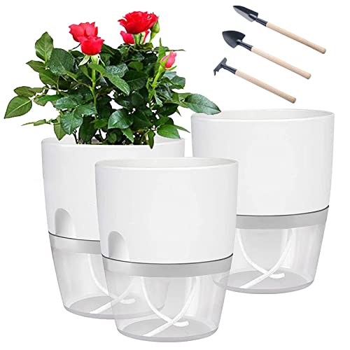 Juego de 3 macetas para hierbas con riego automático y almacenamiento de agua, alféizar de la ventana, para plantas de interior, flores y hierbas, 15 cm, color blanco transparente Cover