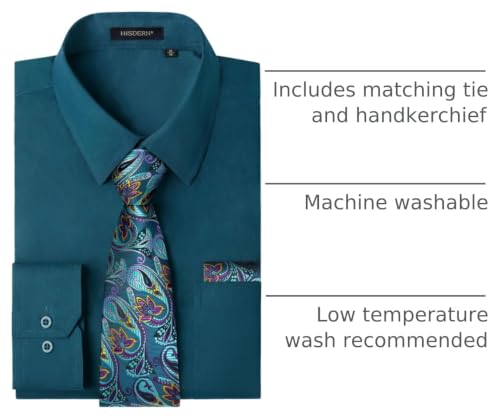 Image of HISDERN Mens Dress Shirt with Tie Pocket Square Set Classic Button Down Shirt Matching Tie Long Sleeve Shirts