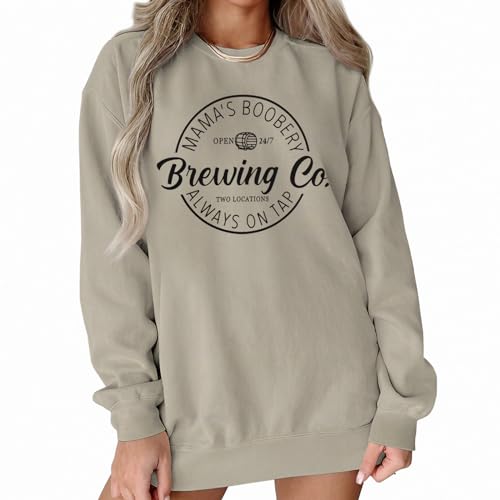 Felpa girocollo da donna a maniche lunghe Mama's Boobery Pullover Top Allattamento al seno Grafico Autunno Maglione Brewing Co Shirt, Khaki, Small