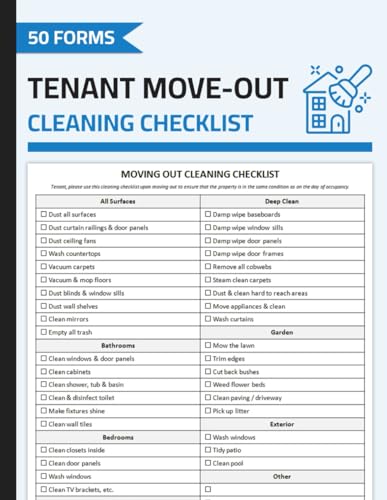 Tenant Move-Out Cleaning Checklist: Landlord to Tenant Moving Out Cleaning Checklist | End of Lease Cleaning List Form Book | 50 Forms