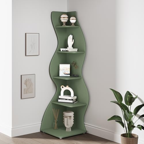 Tribesigns Corner Shelf, Modern 5-Tier Wall Corner Bookshelf, Stylish Corner Small Bookcase Storage Rack Plant Stand with Unique Shape for Living Room, Home Office (Sage Green, 1PC) by Tribesigns - Image 8