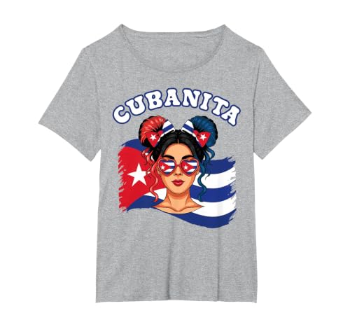 Cubanita Hispanic Heritage Messy Bun Cuban Cuba Flag Girls T-Shirt, Women's Plus, Heather Grey, 4X