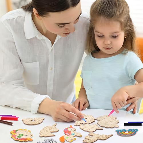 JIANGZHIB 35 Stück Einhorn Bastelset Kit, Einhorn Holz Bastelset Mit 50 Augen, 3 Edelsteinaufkleber Und 12 Aquarellstift, Basteln Zum Bemalen Kinder für DIY Basteln Kindergeburtstag