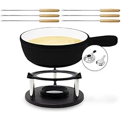 Cacerola Para Fondue De Queso Big BBQ - Cacerola para fondue, fondue de queso, fondue de chocolate, fondue de carne, 2 litros, incluye hornillo, quemador y pinchos (esmaltado blanco y negro)