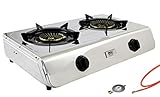 gaskochfeld 2 flammig  Edelstahl Gaskocher 2 flammig Campingkocher 7,6 KW mit Turboflamme Propan Camping Gaskocher Gasherd inkl. Gasherdkreuz aufsatz inkl. Gasschlauch-Regler Set