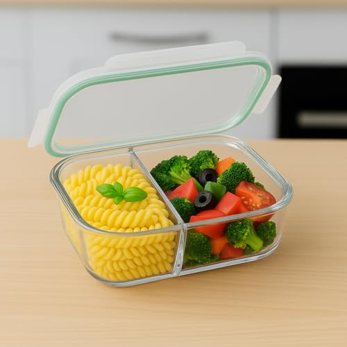 Image of Lunch Box Glass 2 Compartment | Lunch Box for Office Use with Airtight Locks | Microwave Safe Container with Partition | Glass Container wih Lid for Men,Women(1000ml)