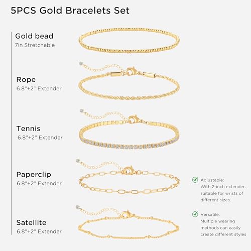 Gold Bracelets for Women, Dainty 14K Gold Plated Bracelet Stack Tennis Thin Bracelets, Trendy Stackable Bracelets, Golden Jewelry Set Link Bracelet Pack, Fashion Jewelry Pack for Women4