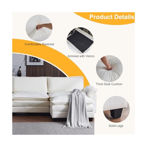 Karl home sectional sofa modular deep seat sofa couch with ottoman teddy fleece sofa sleeper comfy upholstered furniture for living room apartment studio office 4 seat 2 ottoman white  urban country home decor