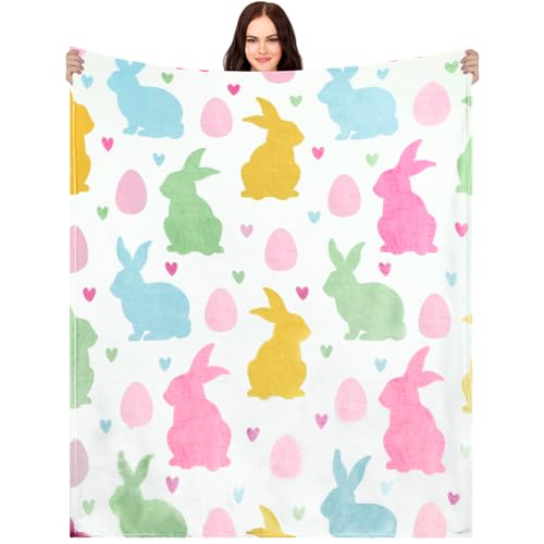 Mindsoft Easter Blanket Spring Bunny Rabbit Eggs Soft Flannel Colorful Decorative Throw Blanket Decor Holiday Square Birthday Gift for Home Couch Sofa Bed Room Decoration, 50x60 Inch