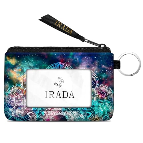 IRADA ID Case Wallet Keychain with Clear ID Window Zipper Cute Coin Purse for Women Water Resistant Small Coin Pouch-Mandala Nebula Keychain Wallet
