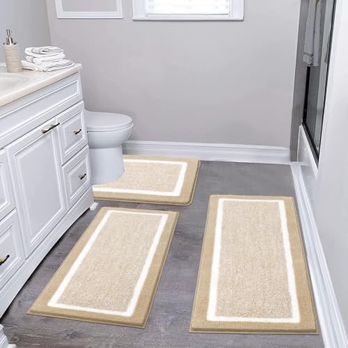 Pauwer Bathroom Rug Sets - 3 Piece Shower Mats with U-Shaped Contour Toilet Mat, Absorbent Microfiber Plush Bath Mats, Non Slip, Machine Washable Shaggy Floor Mats