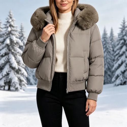 Cropped Puffer Jackets for Women Winter Warm Down Coats with Faux Fur Hood - image 2