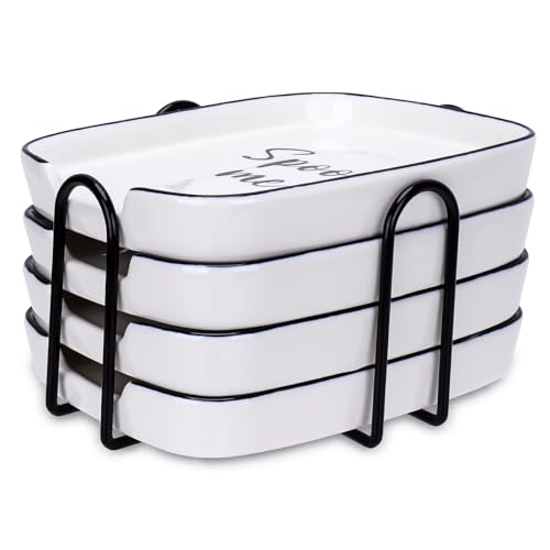 4-Pack Durable White Ceramic Spoon Rests with Metal Holder for Stove Top, Heat-Resistant Cooking utensils Rest, Large Spoon Holder for Kitchen Counter, Modern Farmhouse Kitchen Décor