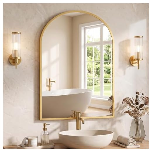 NEWBULIG 20X30 Inch Arched Bathroom Wall Mirror for Over Sink, Gold