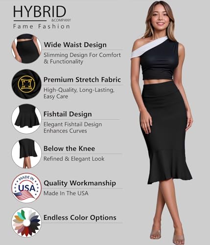 Image of HyBrid & Company Womens Premium Nylon Ponte Stretch Office Fishtail Pencil Skirt High Waist Made in The USA Below Knee