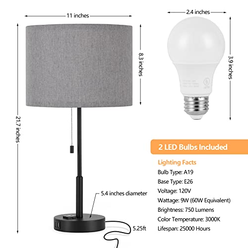 Bedside Lamps Set Of 2, Table Lamps With 2 Usb Charging Ports And A 3-Prong Ac Outlet, Nightstand Lamp Sets With Grey Fabric Shade For Bedroom Living Room Study Room, Led Bulbs Included, 21.7” Tall #TOP1