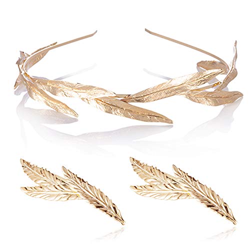 Premium Wedding Gold Leaf Headband Set, 3pcs Crafted gold plating Bridal Wedding Crown Headpiece Hair Accessories with Hair Clips for Women Girls Photo Props