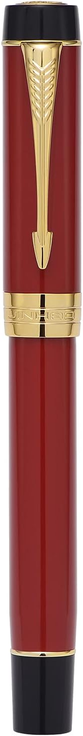 Jinhao 100 Classic Fountain Pen Vivid Red Marble Celluloid Gold Trim Arrow Clip, Medium Nib with Converter and Pen Case Set
