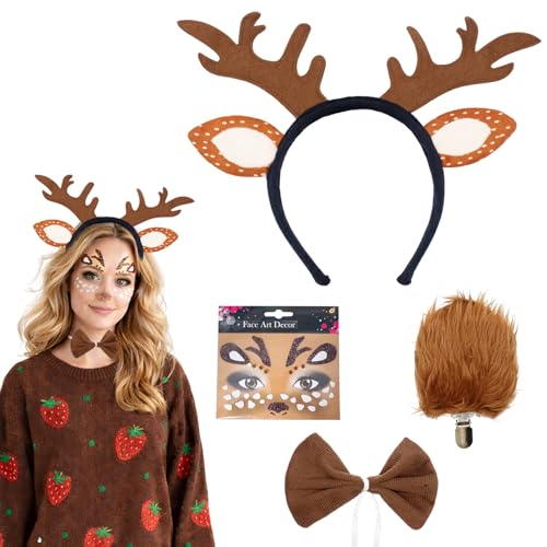 Tbintul 4-teilig Karneval Reh Kostüm Damen Geweih Kopfschmuck Rentier Haarreif Reh Haarreif Rentier Kostüm für Party Urlaub Cosplay Karneval