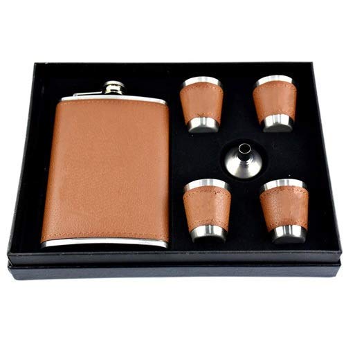 CARTSRUSHTI Stainless Steel & Stitched Leather Hip Flask 4 Shot Glasses + Funnel, 8 Oz (230 Ml) Wine Whiskey Vodka Alcohol Drinks Pocket Bottle with Funnel Gift Set for Men Women