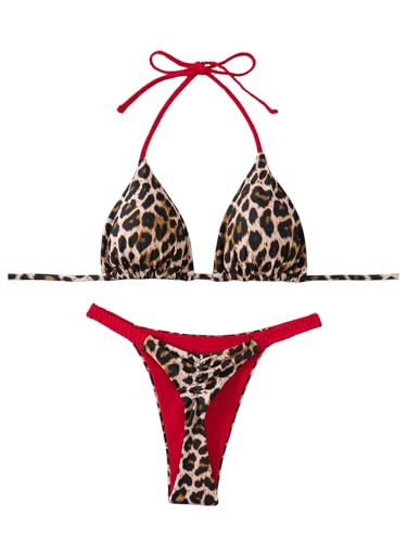 Floerns Women's 2 Piece Cheetah Print Bikini Set Halter String High Waist Thong Bathing Suits