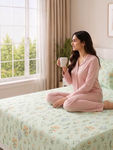 Image of Mafatlal 130 GSM Pearl Designer Single Bed Sheet Set with 1 Pillow Cover | 60 x 90 Inch | Skin-Friendly Microfiber Fabric | Lightweight, Quick Dry, Stylish Bedroom Essential | Pastel Green