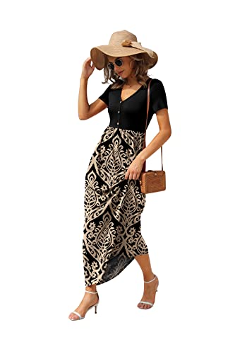 Image of GRECERELLE Womens Summer Long Maxi Dresses 2026 Short Sleeve V Neck Casual Button Dress with Pockets