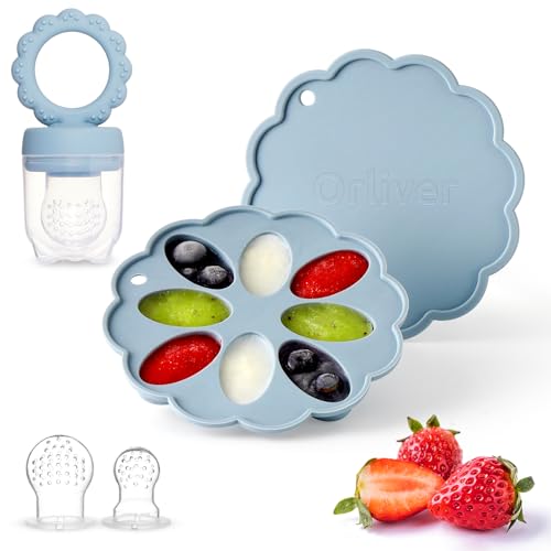 Image of Silicone Baby Fruit Food Feeder Breastmilk Popsicle Molds Set, Baby Food Freezer Tray for Cooling Teething Relief, Food Feeder for Safe Infant Self Feeding, Includes 6 Extra Food Pacifier