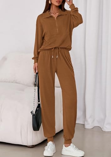 Image of PRETTYGARDEN Women 2 Piece Ribbed Knit Matching Lounge Sets | Comfy Sweat Track Suits, Athleisure Casual Outfit, Half Zip Sweatshirt & Jogger Pants, Fall Winter Clothes for Airport Travel