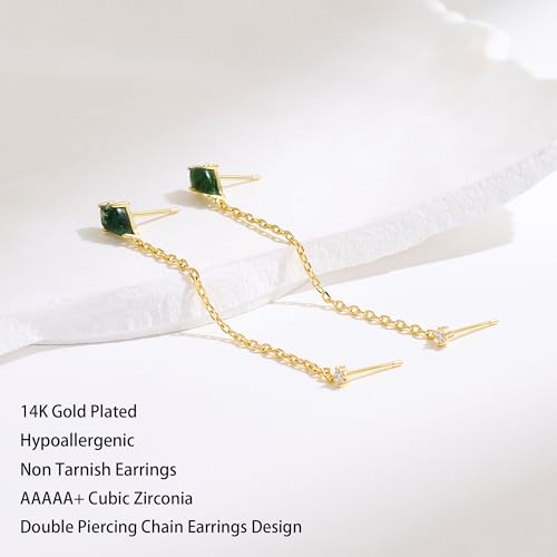 Chain Studs Earrings for Women Double Piercing 14K Gold Plated Chain Dangle Earrings Trendy Cubic Zirconia Aquatic Agate Earring Stacks Set for Multiple Piercing Fashion Gold Jewelry Gifts by Shinybox - Image 6