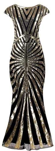 Image of Women Evening Maxi Long Dress 1920s Sequin Mermaid Hem Wedding Prom Gown Costume w / 20s Gatsby Accessories Set
