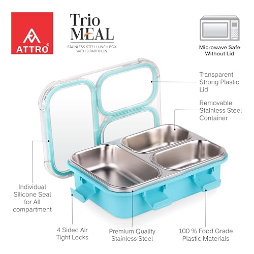 Image of ATTRO Trio Meal Stainless Steel Lunch Box with 3 Partition, Microwave Safe, Airtight Leakproof Silicone Seal Lid, BPA-Free Food Grade Tiffin Box for Office School Kids - 600ml - Blue