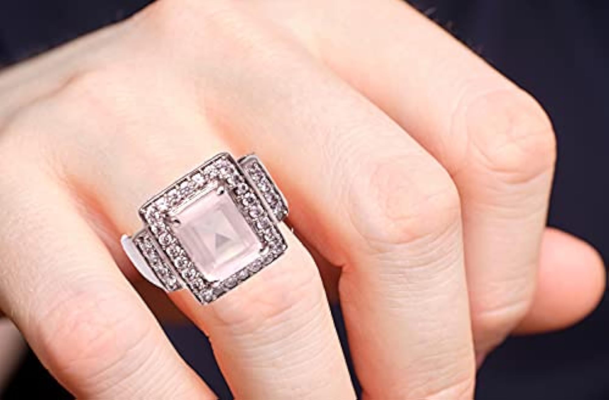 Women's Natural Rose Quartz 925 Silver Rectangle Ring