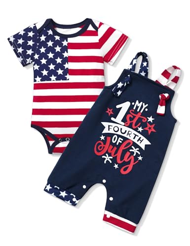 Image of MIGU 4th Of July Baby Boy Outfits My First 4th Of July Work Romper+Stars And Stripes Short-Sleeved T-Shirt 2pcs Sets