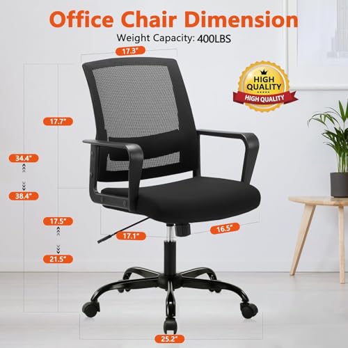 Image of CLATINA Ergonomic Desk Chair, Mid Back Mesh Computer Chair with Lumbar Support and Armrest, Height Adjustable Swivel Chair for Home Office, Black (2PK)