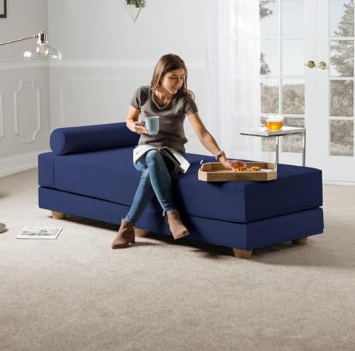 Image of SOUL CRAFT Modern Modular Daybed /Fold-Out Sleeper, Beige, Velvet Fabric, Converts to 2 Single Beds or 1 Queen Bed, with Mattress 203 cm x 74 cm(6.66 ft x 2.43 ft)(Navy)